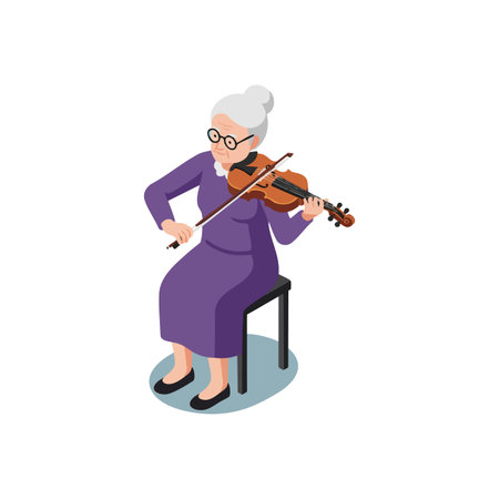Elderly woman with white hair in a bun plays violin sitting on chair wearing a purple dress and glasses. Calm and focused mood.のイラスト素材
