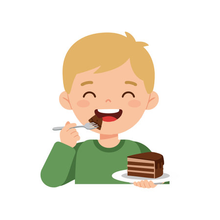 Boy with blonde hair happily eats chocolate cake using a fork, showing joy and satisfaction while enjoying dessert. Cheerful mood.のイラスト素材