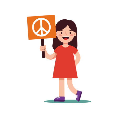 Vector art of a happy girl holding a peace sign poster, wearing a red dress and purple shoes, standing confidently in a positive mood.のイラスト素材