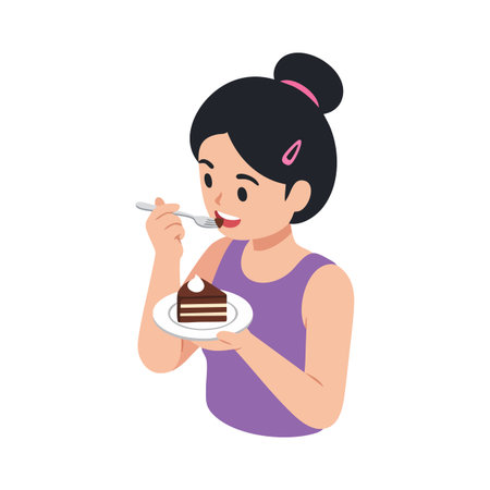 Young girl with black hair eating chocolate cake with a spoon, holding a plate, enjoying dessert happily in a casual setting. Cheerful mood.のイラスト素材