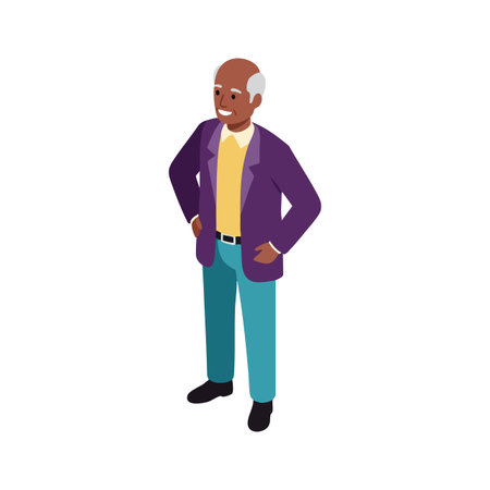 Elderly man stands confidently with hands on hips wearing purple jacket, yellow shirt, and teal pants, smiling and looking relaxed. Cheerful mood.のイラスト素材
