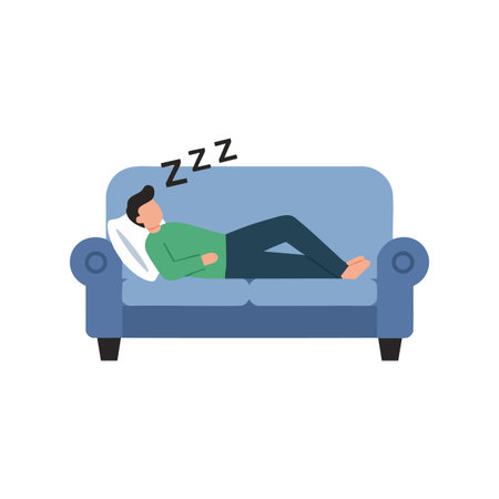 Illustration of a man lying on a blue couch sleeping peacefully with a pillow, dressed in casual clothes, conveying relaxation and calm mood.のイラスト素材