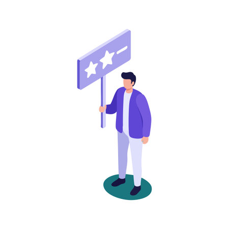 Illustration of a man standing and holding a sign with star ratings and a minus symbol, wearing purple and white colors, in a clean vector style. Calm mood.のイラスト素材