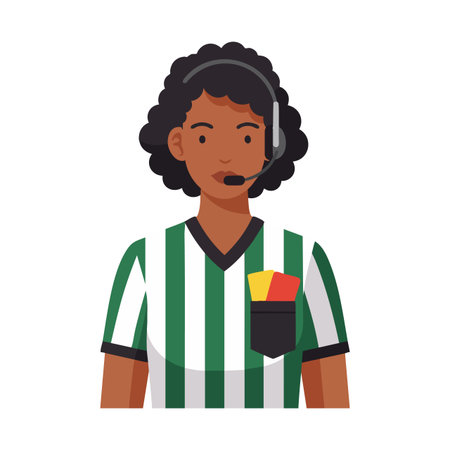 Illustration of an African American female soccer referee wearing a headset and striped jersey holding red and yellow cards, confident and focused.のイラスト素材