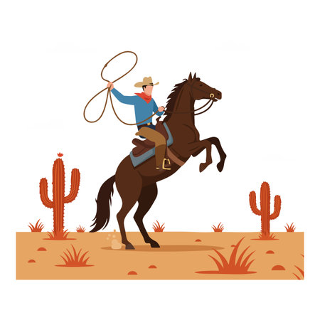 Cowboy wears hat and blue shirt while riding a rearing horse in a desert with cacti and dry plants, evoking adventurous and rugged mood.のイラスト素材