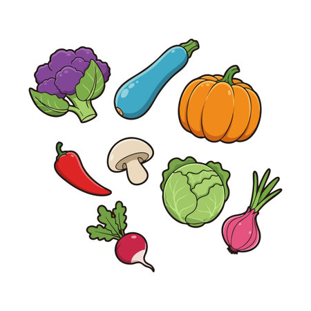 This vector illustration features a variety of fresh colorful vegetables, including pumpkin, zucchini, and radish, presented in a clean style. Bright and cheerful.のイラスト素材