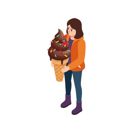 Illustration of a girl holding a large chocolate ice cream cone with sprinkles dressed in autumn clothes and purple boots in a casual style, cheerful mood.のイラスト素材