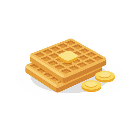 This vector shows two golden brown waffles topped with melting butter and syrup droplets, perfect for breakfast or dessert, bright and appetizing mood.のイラスト素材
