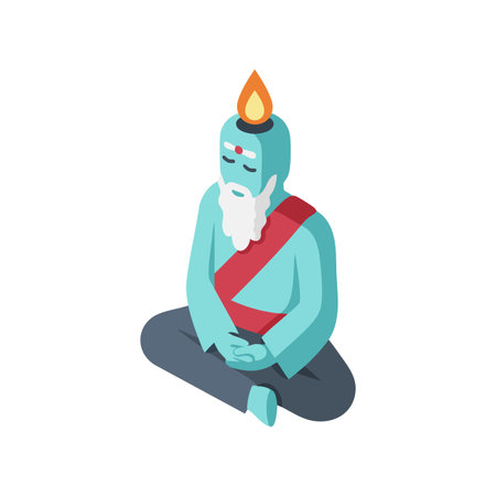 Illustration shows a serene sage with a glowing flame above his head meditating in a calm, cross-legged position emitting peaceful and spiritual energy.のイラスト素材
