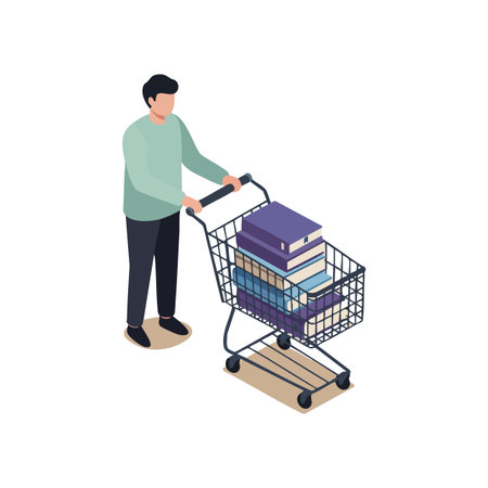 Vector artwork shows a man pushing a shopping cart loaded with books, symbolizing education and shopping in a clean, minimalist style. Calm.のイラスト素材