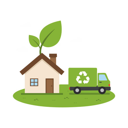 Illustration shows eco friendly house with large green leaf and recycling truck representing sustainability and environmental care, peaceful mood.のイラスト素材