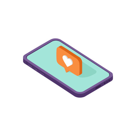Smartphone displays a social media notification with a heart symbol in isometric style, representing digital communication and online interaction, vibrant and modern.のイラスト素材