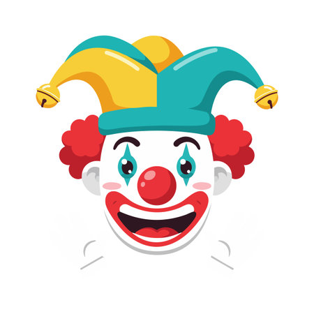 Vector clown face with bright red nose, white makeup, and blue and yellow jester hat smiling happily. Cheerful and playful mood.のイラスト素材