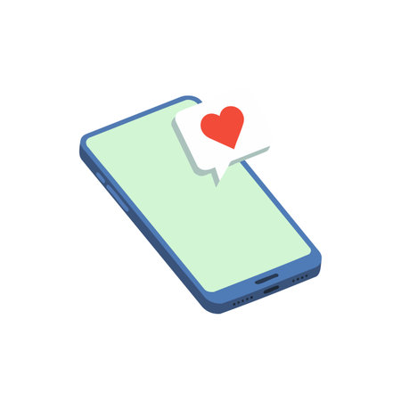 Isometric smartphone displaying a heart notification symbolizing social media interaction and digital connection, creating a positive and engaging mood.のイラスト素材