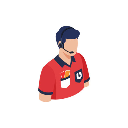 Illustration shows a customer service representative wearing a red uniform and headset, actively assisting clients in a professional setting, friendly mood.のイラスト素材