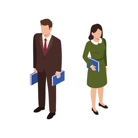 Illustration shows a business man and woman in formal clothes holding books, standing confidently in an office setting. Professional mood.のイラスト素材
