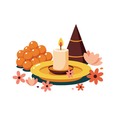 Vector shows a lit candle on a yellow plate surrounded by incense, orange berries, and pink flowers creating a peaceful atmosphere. Calm mood.のイラスト素材