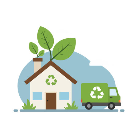 Vector image shows eco friendly home with green leaves and recycling truck emphasizing sustainability and environmental care. Clean, positive mood.のイラスト素材