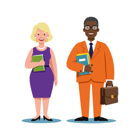 Illustration of a businessman and businesswoman holding books and briefcase, dressed professionally, standing confidently in office attire, cheerful mood.のイラスト素材