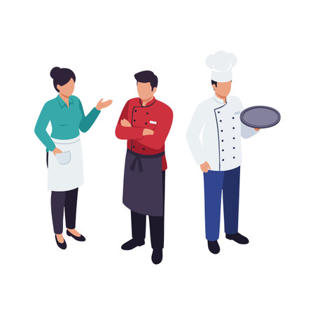Three restaurant staff members stand in professional uniforms including waitress chef and waiter in a casual discussion scene calm moodのイラスト素材