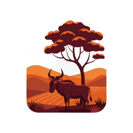 Wildebeest stands beneath a red-orange tree in a savannah with hills and grass, showcasing warm colors and natural lighting. Calm atmosphere.のイラスト素材