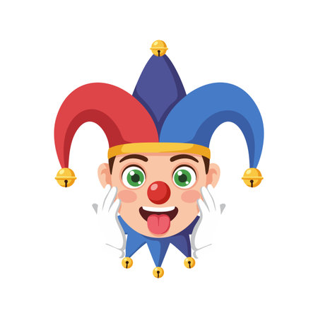 Vector illustration of a jester clown wearing a colorful hat with bells, showing a playful expression with tongue out and hands near face, cheerful mood.のイラスト素材