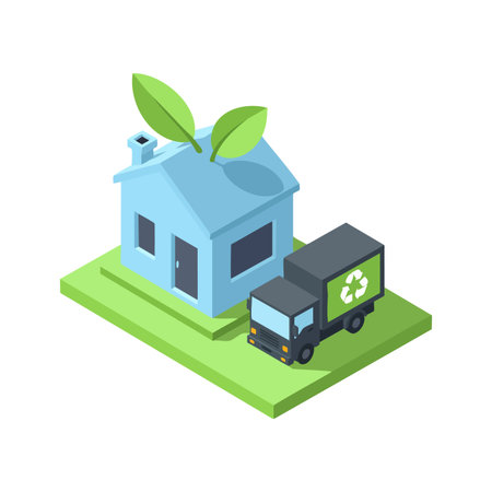 Illustration shows a blue eco house with large green leaves on the roof and a recycling truck nearby, symbolizing sustainability and green living. Calm.のイラスト素材