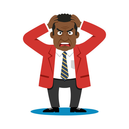 Illustration shows a frustrated man with dark skin and red jacket holding his head in anger and stress. The mood is tense and upset.のイラスト素材