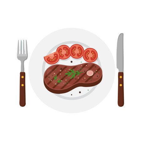 This vector illustration shows a grilled steak garnished with herbs and sliced tomatoes on a white plate with cutlery, presenting a simple meal. Relaxed mood.のイラスト素材