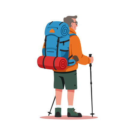 Illustration shows a man with a large backpack and hiking poles ready for outdoor adventure, standing in casual hiking attire, mood adventurous.のイラスト素材