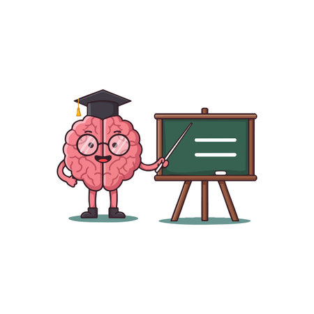 Cartoon brain character with glasses and graduation cap points at chalkboard, symbolizing teaching and learning in a fun and educational style. Cheerful mood.のイラスト素材