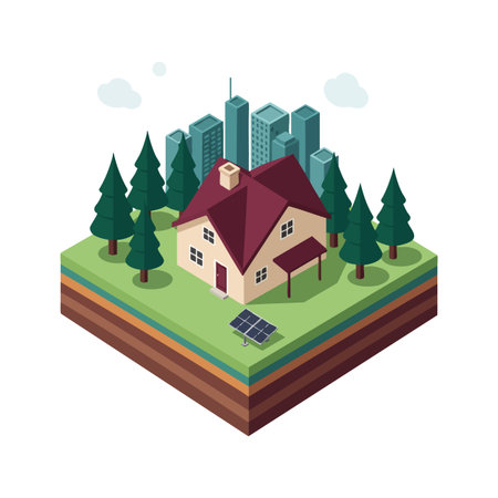 This vector shows an isometric suburban house with solar panels, pine trees, and distant city skyscrapers representing sustainable urban living. Calm.のイラスト素材