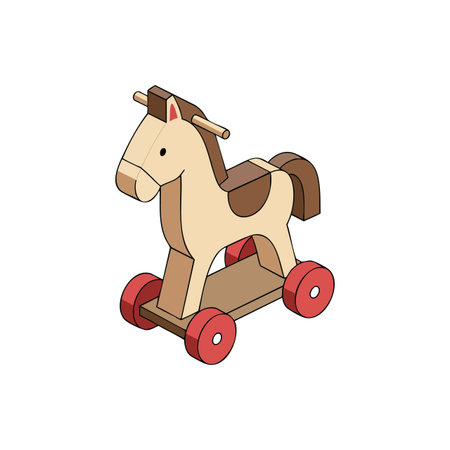 Illustration shows a wooden toy horse with red wheels designed for children's playtime and imagination, simple and charming style, cheerful mood.のイラスト素材