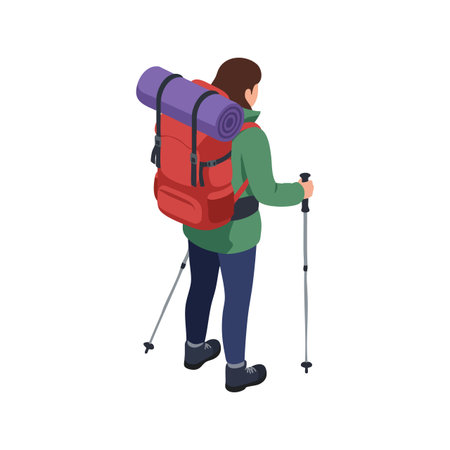 Illustration shows a person hiking with a large backpack and trekking poles, dressed in green and blue for an adventurous outdoor journey. Energetic.のイラスト素材
