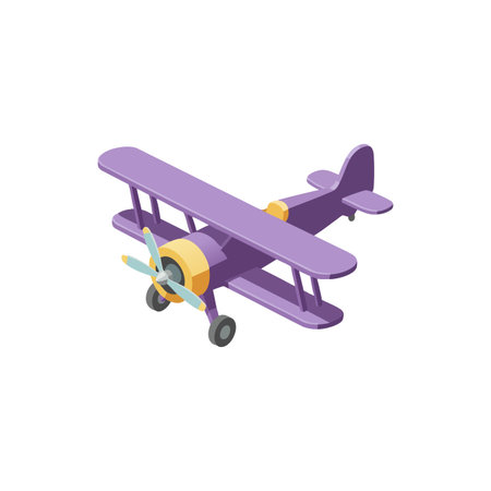 Isometric purple vintage biplane airplane with yellow highlights and spinning propeller flying isolated on white background, creative and playful.のイラスト素材