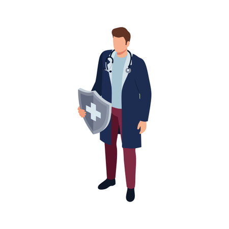 Male doctor stands confidently holding a shield with a medical cross symbol, symbolizing protection and healthcare safety in a professional setting. Calm mood.のイラスト素材