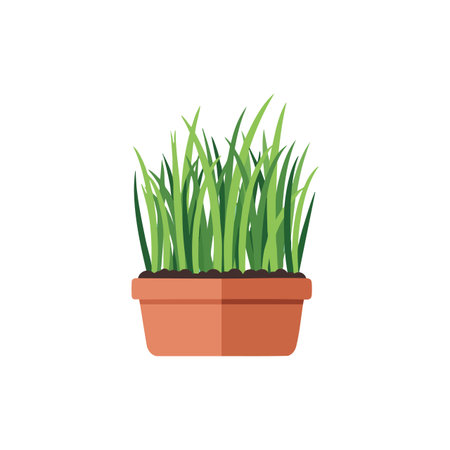 Vector illustration showing vibrant green grass growing in a terracotta pot, symbolizing nature and indoor gardening, bright and fresh mood.のイラスト素材
