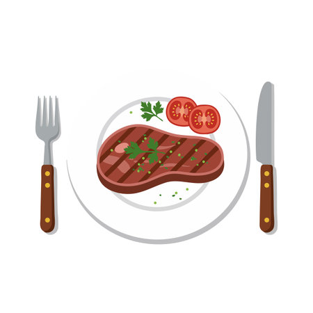 Vector illustration showing a grilled steak garnished with parsley and tomato slices on a white plate with fork and knife, simple and appetizing.のイラスト素材