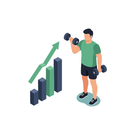 Illustration shows a man exercising with dumbbells beside a rising bar chart, symbolizing fitness progress and strength gain. Motivational and energetic.のイラスト素材