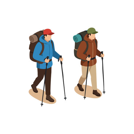 Two hikers walk with backpacks and walking sticks in an outdoor adventure setting, showing exploration and activity, in a clear vector style. Energetic mood.のイラスト素材