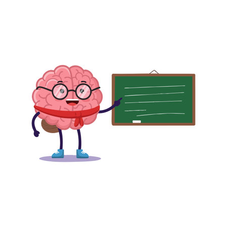 Vector illustration showing a cheerful brain character wearing glasses and a scarf, pointing to a chalkboard in a learning environment, educational and fun.のイラスト素材