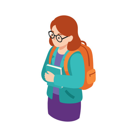 Digital vector of a student with glasses carrying a book and wearing a teal jacket and orange backpack in a calm and studious mood.のイラスト素材