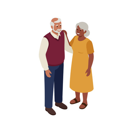 Illustration shows an elderly man and woman standing close, smiling and supporting each other in a warm, friendly moment. calm moodのイラスト素材