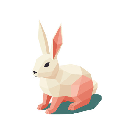 This vector image shows a low poly white rabbit with pink legs and ears sitting on a blue shadow, featuring geometric shapes and modern design. Calm mood.のイラスト素材