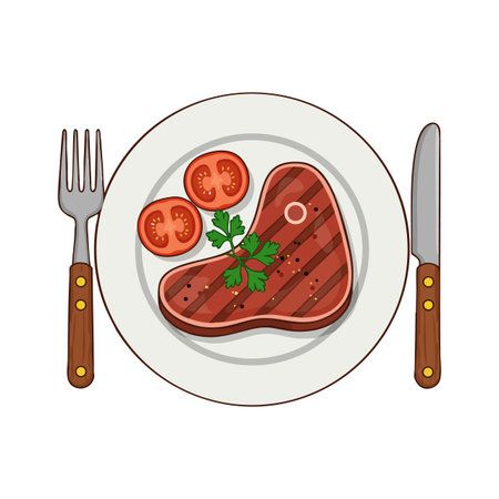 Vector illustration shows a grilled steak with tomato slices and parsley on a white plate, accompanied by fork and knife, presenting a delicious meal. appetizingのイラスト素材