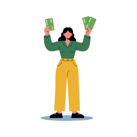 Illustration shows a confident woman holding green credit cards wearing yellow pants and a green shirt, symbolizing financial success and empowerment. Motivational.のイラスト素材