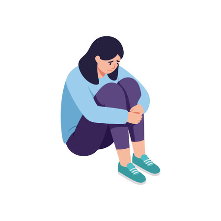 Woman sits on floor hugging her knees with a sad and worried expression, representing loneliness and emotional distress in a calm vector style.のイラスト素材
