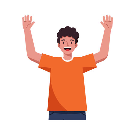 Illustration of a young man smiling with raised hands wearing an orange shirt, showing excitement and happiness in a casual style. Cheerful mood.のイラスト素材