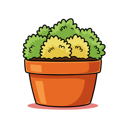 Illustration shows a lush green and yellow bush in a terracotta pot filled with soil, rendered in a clean cartoon style. Cheerful and vibrant.のイラスト素材