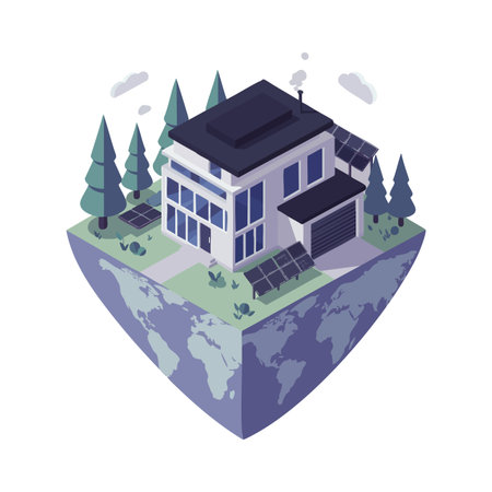 This vector shows a modern eco house with solar panels on a floating earth cube, surrounded by pine trees, symbolizing sustainability and clean energy. Calm and hopeful.のイラスト素材